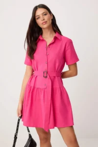 TRENDYOLMİLLA Fuchsia Belted buttoned Short / Mini Weaving Shirt Dress - Image 2