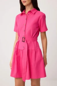 TRENDYOLMİLLA Fuchsia Belted buttoned Short / Mini Weaving Shirt Dress - Image 3