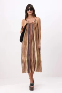 TRENDYOLMİLLA Brown Patterned Seashell Accessory Detailed Weaving Dress