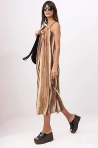 TRENDYOLMİLLA Brown Patterned Seashell Accessory Detailed Weaving Dress - Image 2