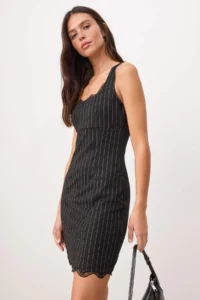 TRENDYOLMİLLA Black Striped Fitted Lace Detailed Mini interlock Knitting Dress - Image 3