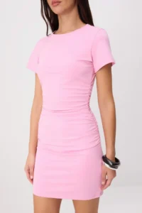 TRENDYOLMİLLA Pink Fitted Short Sleeve Shirred Mini Cotton Flexible Knitting Dress - Image 3