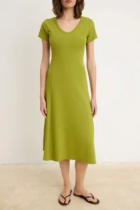 TRENDYOLMİLLA Oil Green A-Cut/Life Form V-neck Moon Arm Short Sleeve Midi Ribbed Flexible Knitting Dress - Image 3