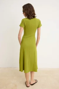 TRENDYOLMİLLA Oil Green A-Cut/Life Form V-neck Moon Arm Short Sleeve Midi Ribbed Flexible Knitting Dress - Image 4