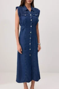 TRENDYOLMİLLA DARK BLUE Plain Maxi buttoned DENIM Dress - Image 3