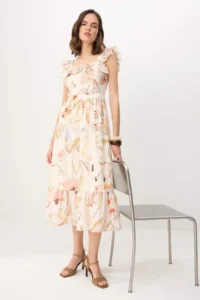 TRENDYOLMİLLA Cream Linensel Floral Ruffle Detailed Midi Weaving Dress - Image 2