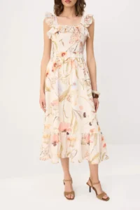 TRENDYOLMİLLA Cream Linensel Floral Ruffle Detailed Midi Weaving Dress - Image 3