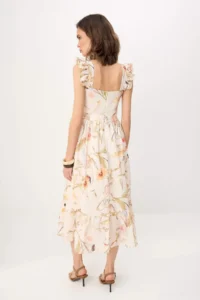 TRENDYOLMİLLA Cream Linensel Floral Ruffle Detailed Midi Weaving Dress - Image 4