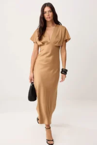 TRENDYOLMİLLA Light Brown Satin Maxi Weaving Dress