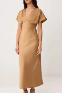 TRENDYOLMİLLA Light Brown Satin Maxi Weaving Dress - Image 3