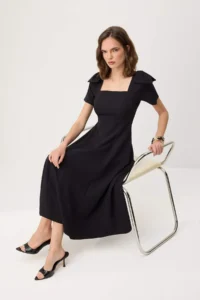 TRENDYOLMİLLA Black Shoulder Detailed Midi skater/Waist Opening Weaving Dress - Image 2