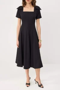 TRENDYOLMİLLA Black Shoulder Detailed Midi skater/Waist Opening Weaving Dress - Image 3