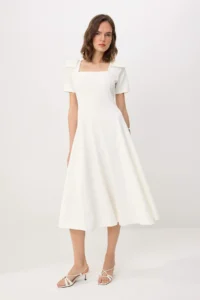 TRENDYOLMİLLA WHITE Shoulder Detailed Midi skater/Waist Opening Weaving Dress