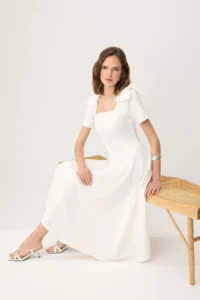 TRENDYOLMİLLA WHITE Shoulder Detailed Midi skater/Waist Opening Weaving Dress - Image 2