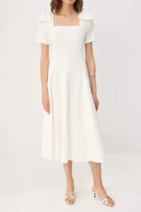 TRENDYOLMİLLA WHITE Shoulder Detailed Midi skater/Waist Opening Weaving Dress - Image 3