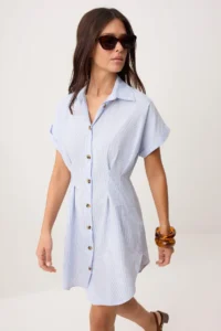 TRENDYOLMİLLA Mavi Striped Ekstra Mini Weaving Shirt Dress - Image 2