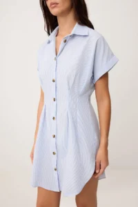 TRENDYOLMİLLA Mavi Striped Ekstra Mini Weaving Shirt Dress - Image 3