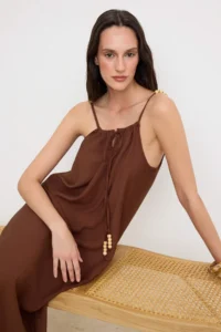 TRENDYOLMİLLA Brown BEAD Detailed textured Serin Material Sleeveless Maxi Weaving Dress
