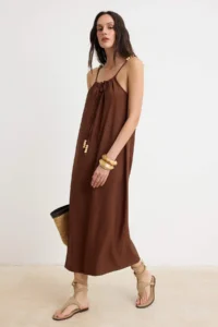 TRENDYOLMİLLA Brown BEAD Detailed textured Serin Material Sleeveless Maxi Weaving Dress - Image 2