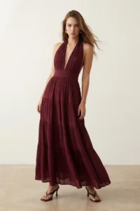 TRENDYOLMİLLA Burgundy Low-cut back Maxi Weaving Dress