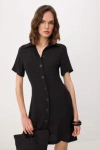 TRENDYOLMİLLA Black Button Detailed Short / Mini Weaving Dress - Image 2