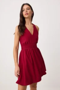 TRENDYOLMİLLA Burgundy Plain Mini Weaving Dress - Image 2