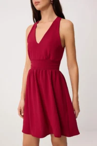 TRENDYOLMİLLA Burgundy Plain Mini Weaving Dress - Image 3