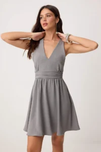 TRENDYOLMİLLA Gray Plain Mini Weaving Dress - Image 2