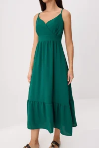 TRENDYOLMİLLA Green Sleeveless skater/Waist Opening Midi Weaving Dress - Image 3