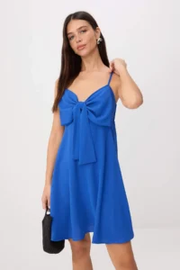 TRENDYOLMİLLA Saks Blue Sleeveless Mini Ribbon Detailed Weaving Dress