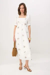 TRENDYOLMİLLA WHITE Floral Embroidered Low-cut back Cotton Midi Dress
