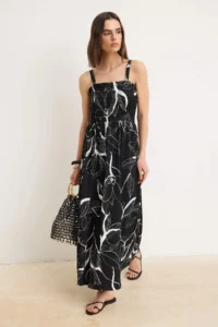TRENDYOLMİLLA Black Floral A-Cut/Life Form Square Neck Thick Sleeveless Sleeveless Midi textured Knitting Dress - Image 2