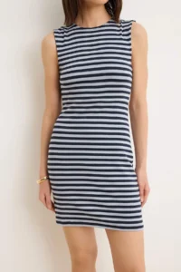 TRENDYOLMİLLA Multicolored Striped bodycon Boat Neck Sleeveless Shirred Midi Knitting Dress - Image 3