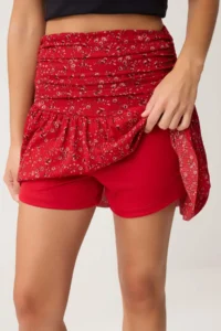 TRENDYOLMİLLA Red Floral skater Frilly Regular Waist Ribbed Flexible Knitting Skirt