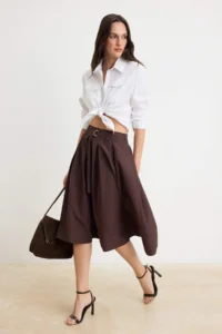 TRENDYOLMİLLA Brown Midi Poplin Skirt - Image 2