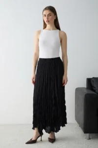 TRENDYOLMİLLA Black Wrinkled Lined Maxi Asymmetric Skirt