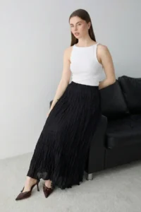 TRENDYOLMİLLA Black Wrinkled Lined Maxi Asymmetric Skirt - Image 2