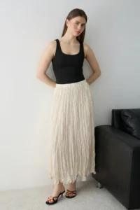TRENDYOLMİLLA Stone Wrinkled Lined Maxi Asymmetric Skirt