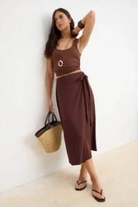 TRENDYOLMİLLA Brown Plain Midi Premium Soft Knitting Skirt