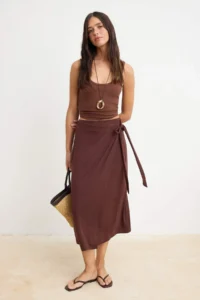 TRENDYOLMİLLA Brown Plain Midi Premium Soft Knitting Skirt - Image 2