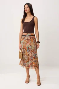 TRENDYOLMİLLA Yellow Shawl DesenBoho/Boho Chic skater Arched Regular Waist Midi Tulle Knitting Skirt