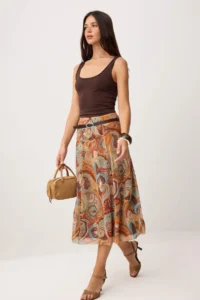 TRENDYOLMİLLA Yellow Shawl DesenBoho/Boho Chic skater Arched Regular Waist Midi Tulle Knitting Skirt - Image 2