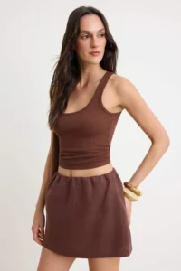 TRENDYOLMİLLA Brown Inside OF shorts 100% Linen Super Mini Skirt - Image 2