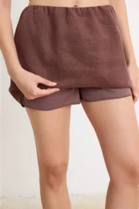 TRENDYOLMİLLA Brown Inside OF shorts 100% Linen Super Mini Skirt - Image 3