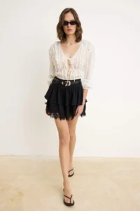 TRENDYOLMİLLA Black skater Lace Detailed Regular Waist Arched Mini Scuba Crepe Knitting Skirt