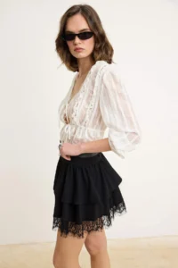 TRENDYOLMİLLA Black skater Lace Detailed Regular Waist Arched Mini Scuba Crepe Knitting Skirt - Image 2