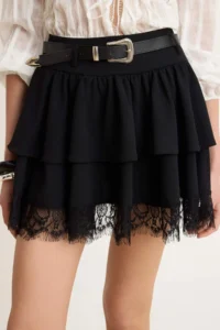TRENDYOLMİLLA Black skater Lace Detailed Regular Waist Arched Mini Scuba Crepe Knitting Skirt - Image 3