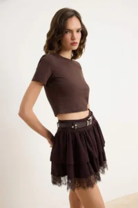 TRENDYOLMİLLA Brown skater Lace Detailed Regular Waist Arched Mini Scuba Crepe Knitting Skirt - Image 2