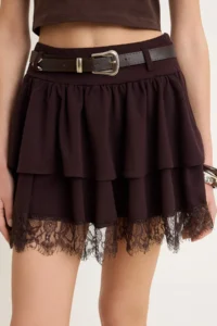TRENDYOLMİLLA Brown skater Lace Detailed Regular Waist Arched Mini Scuba Crepe Knitting Skirt - Image 3