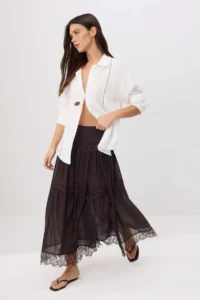 TRENDYOLMİLLA Brown skater Lace Detailed Regular Waist Maxi Tulle Knitting Skirt